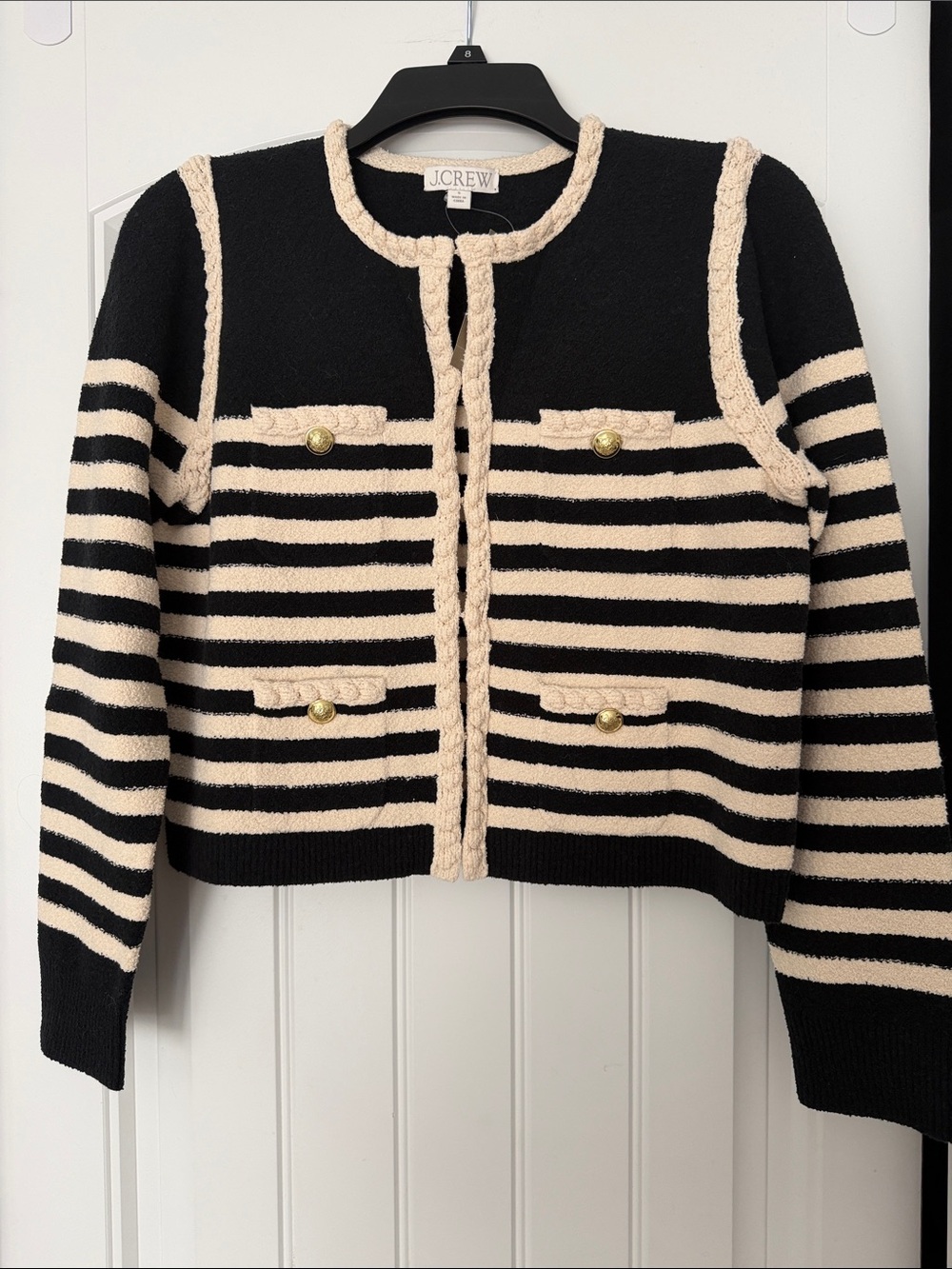 J. Crew Black and Cream Striped Braided-Trim Cardigan